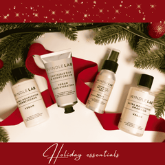 Windle LAB haircare products on a red and white background with Christmas decorations.