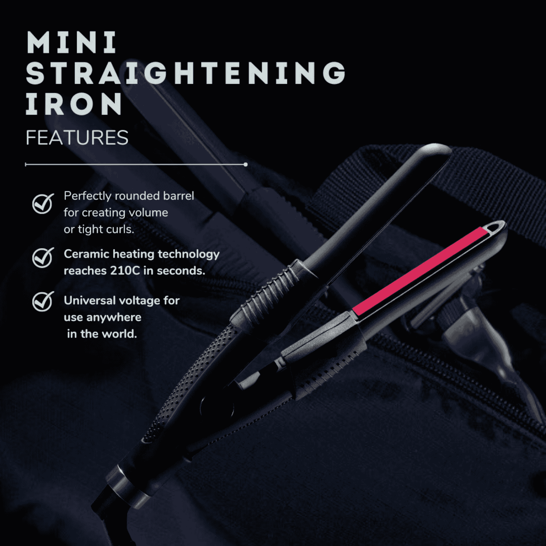Image of a Black Male shower bag containing WAM Mini Irons and a razor. Showcasing unique features of the mini irons