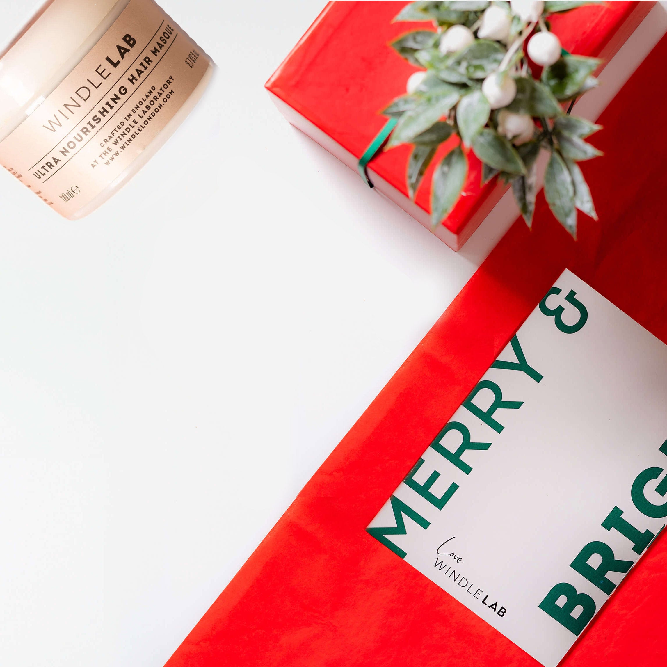 Red gift box with 'Merry & Bright' text, a hair mask container, and a small plant on a white background.